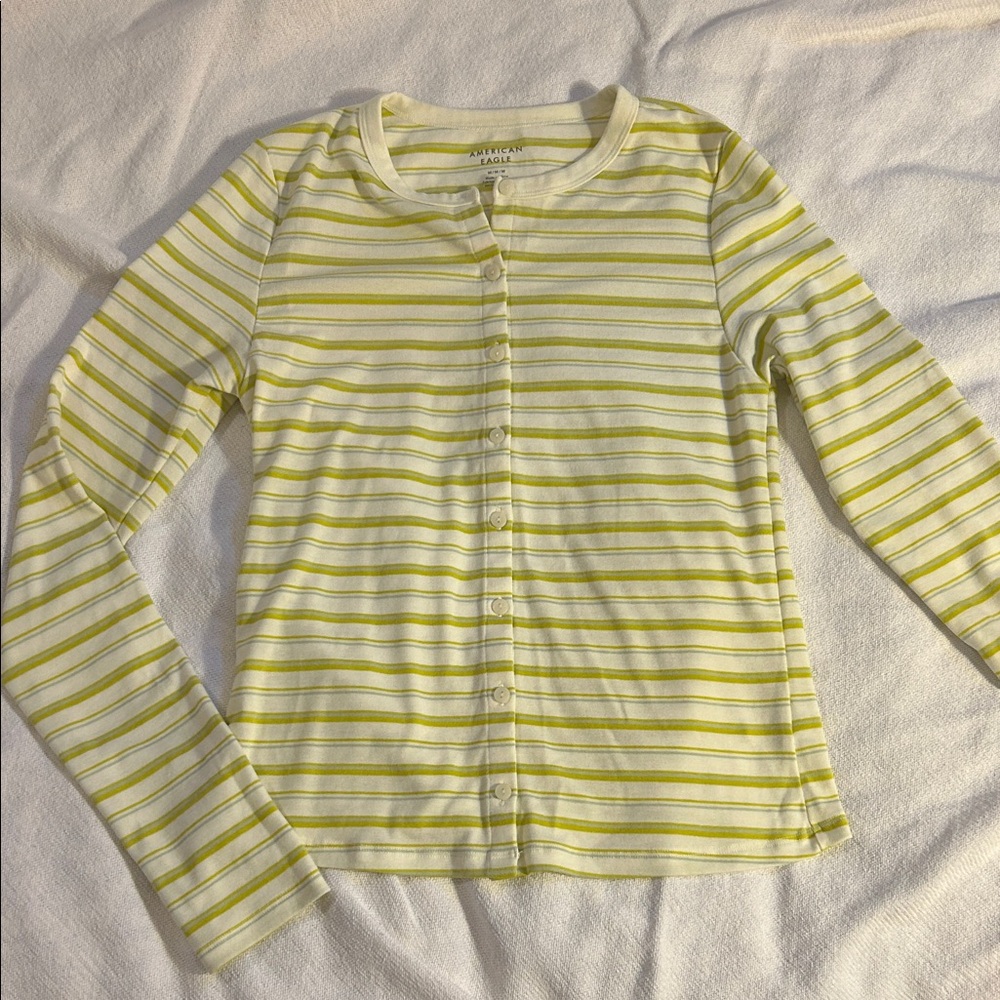 American Eagle Outfitters White and Yellow Striped Button-Front Top